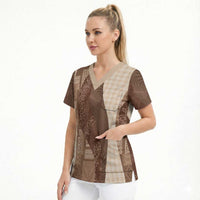 Polynesian Tribal Pattern Patchwork Picturesque Scrub Top Mocha LT7 - Polynesian Pride
