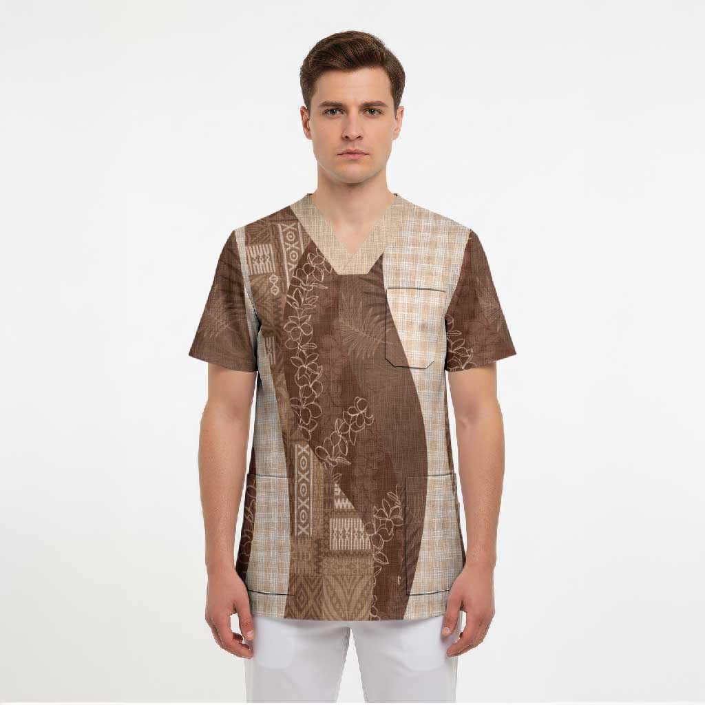 Polynesian Tribal Pattern Patchwork Picturesque Scrub Top Mocha LT7 - Polynesian Pride