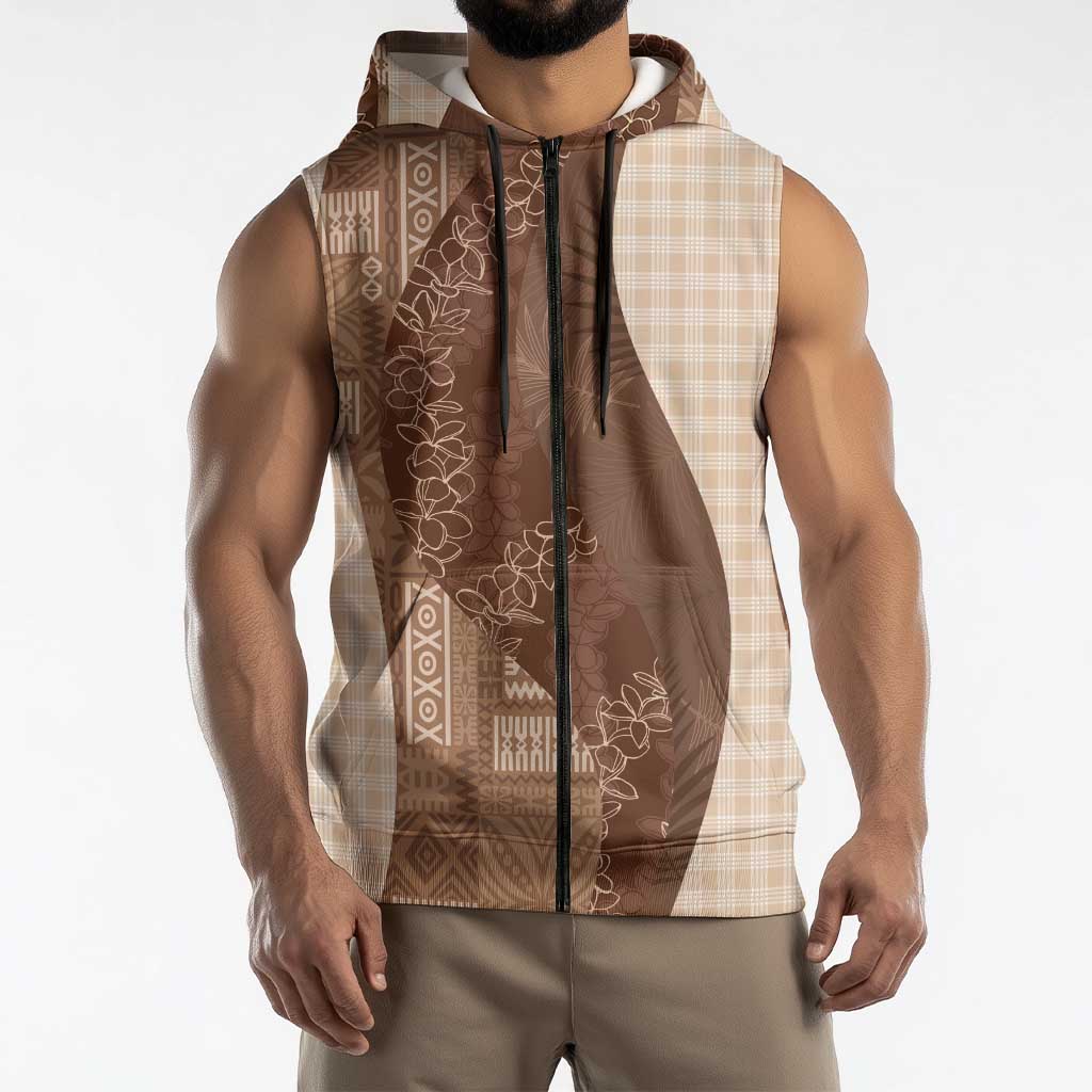 Polynesian Tribal Pattern Patchwork Picturesque Sleeveless Zip Hoodie Mocha LT7 - Polynesian Pride