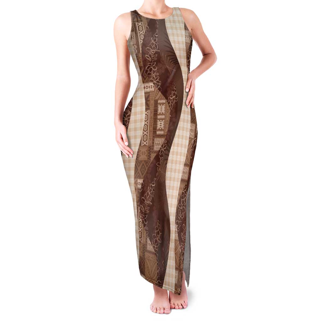 Polynesian Tribal Pattern Patchwork Picturesque Tank Maxi Dress Mocha