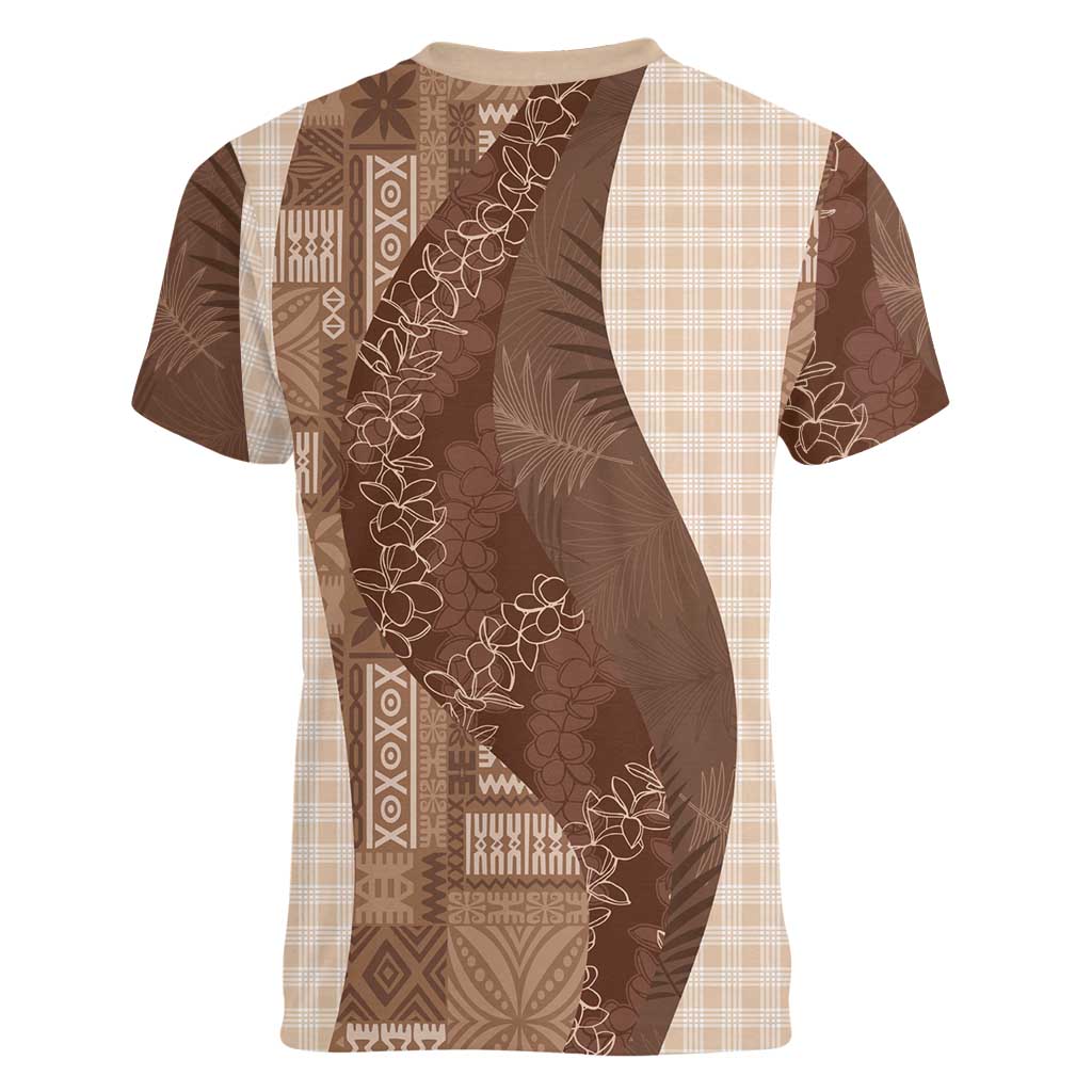 Polynesian Tribal Pattern Patchwork Picturesque Women V-Neck T-Shirt Mocha LT7 - Polynesian Pride