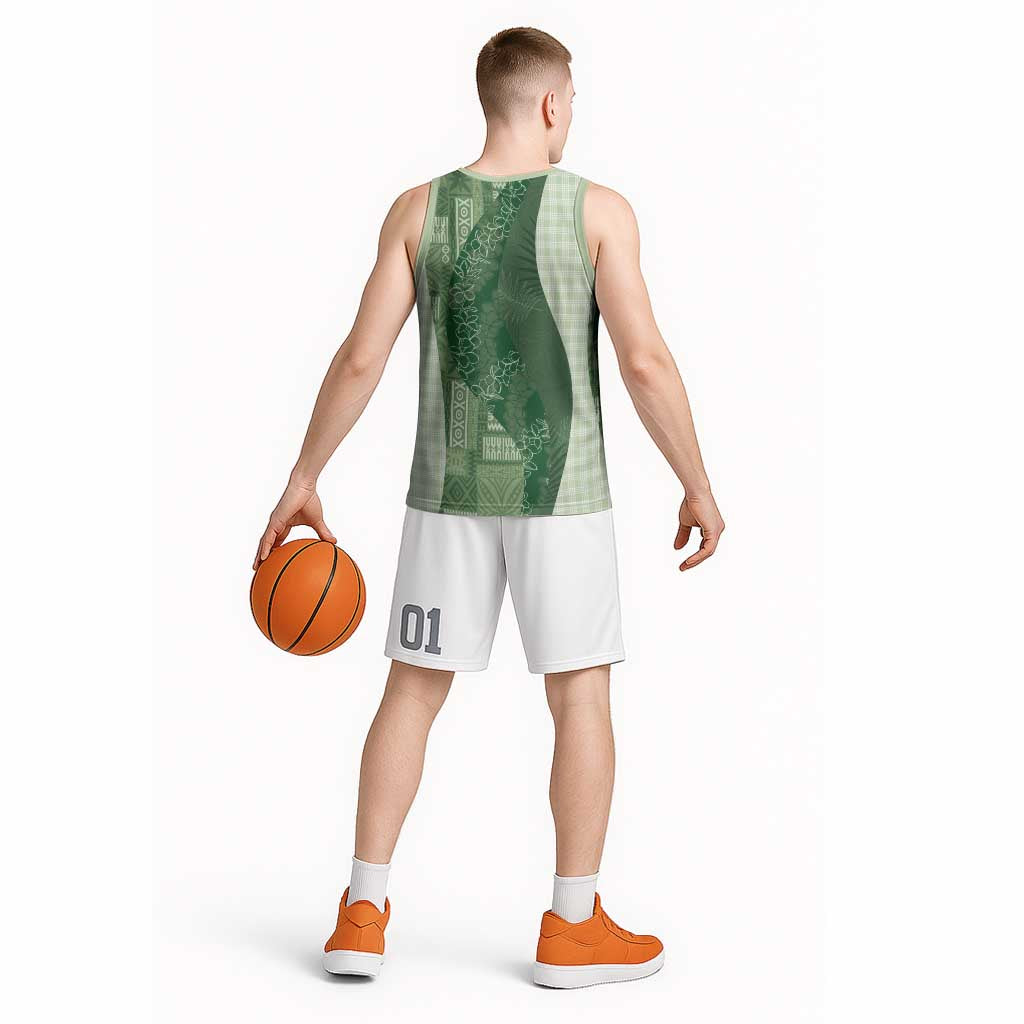 Polynesian Tribal Pattern Patchwork Picturesque Basketball Jersey Sage Green LT7 - Polynesian Pride