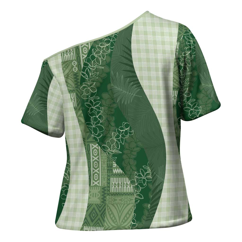 Polynesian Tribal Pattern Patchwork Picturesque Cross Shoulder Shirt Sage Green LT7 - Polynesian Pride