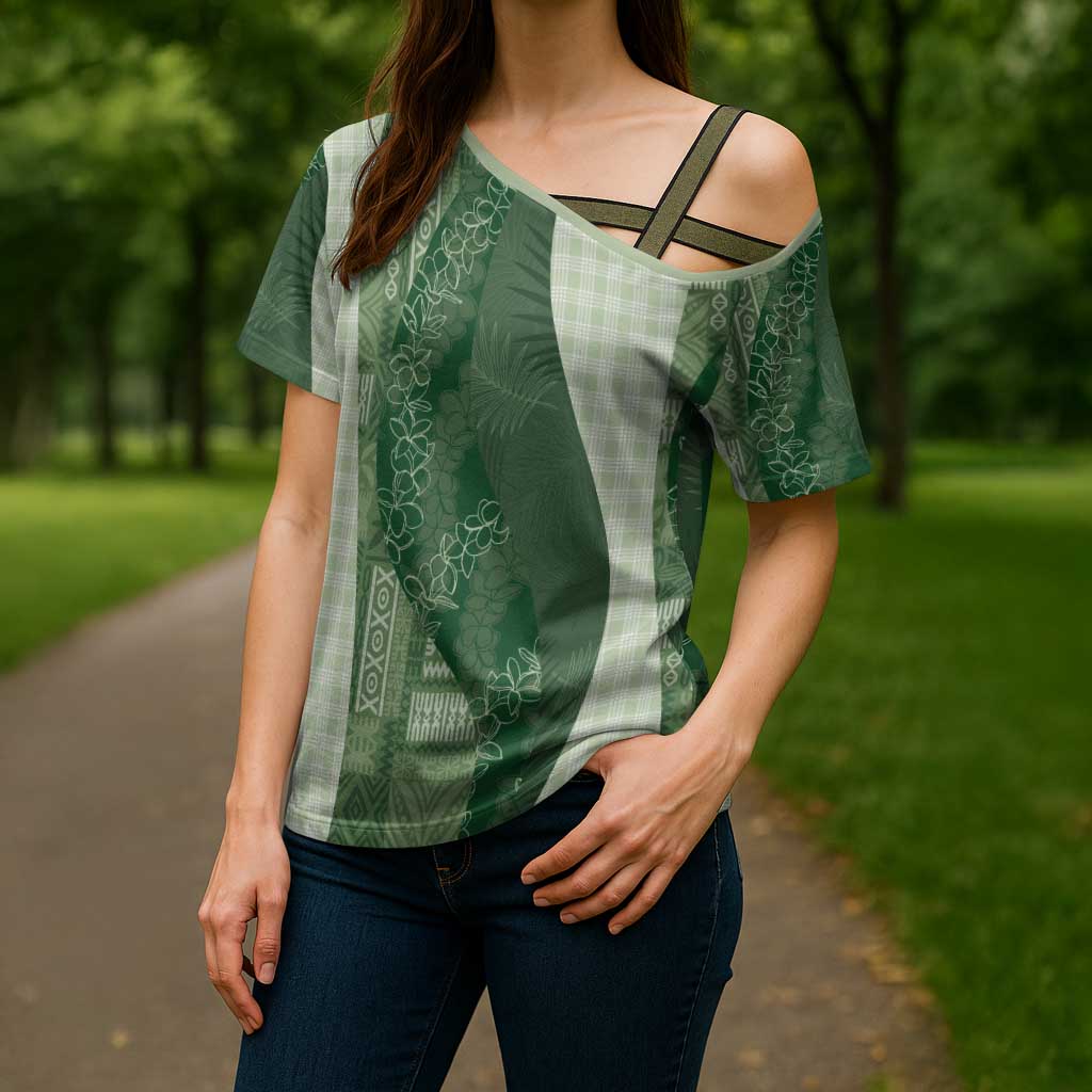 Polynesian Tribal Pattern Patchwork Picturesque Cross Shoulder Shirt Sage Green LT7 - Polynesian Pride
