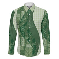 Polynesian Tribal Pattern Patchwork Picturesque Family Matching Off The Shoulder Long Sleeve Dress and Hawaiian Shirt Sage Green LT7 Dad's Shirt - Long Sleeve Sage Green - Polynesian Pride