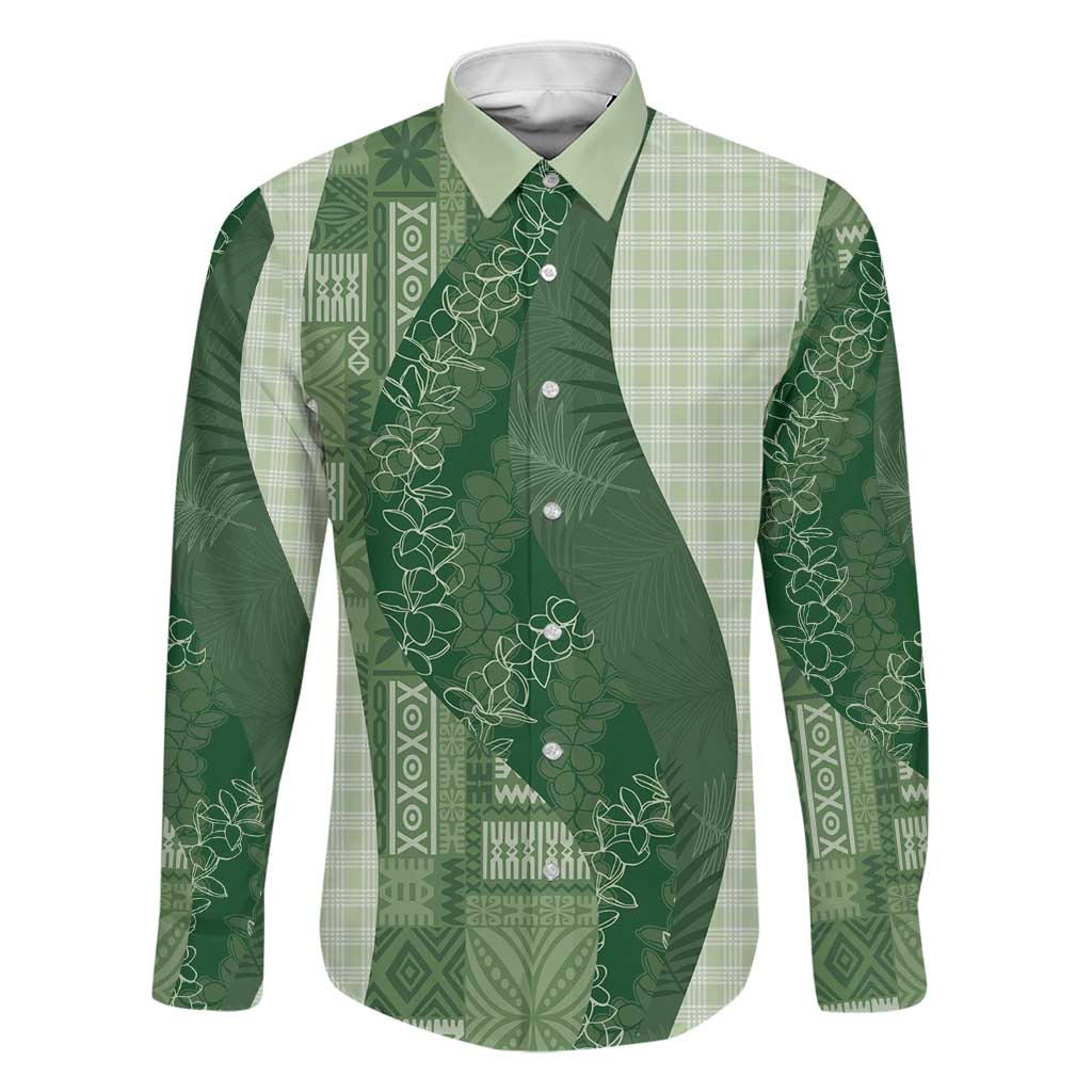 Polynesian Tribal Pattern Patchwork Picturesque Family Matching Off Shoulder Short Dress and Hawaiian Shirt Sage Green LT7 Dad's Shirt - Long Sleeve Sage Green - Polynesian Pride
