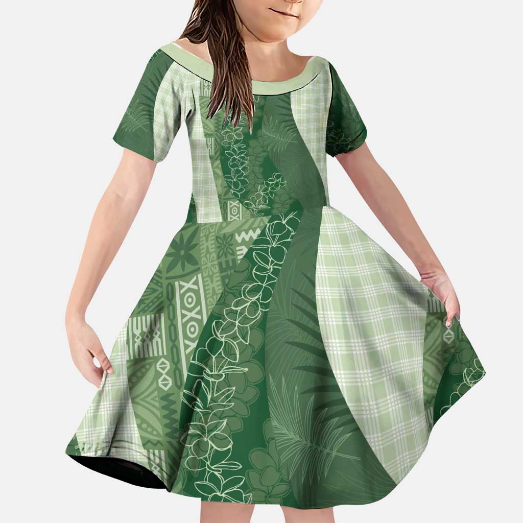 Polynesian Tribal Pattern Patchwork Picturesque Family Matching Short Sleeve Bodycon Dress and Hawaiian Shirt Sage Green LT7 Daughter's Dress Sage Green - Polynesian Pride