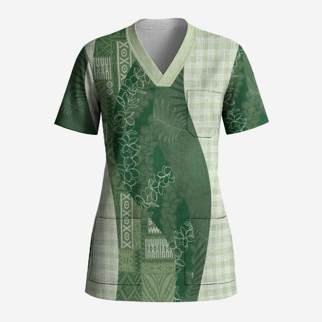 Polynesian Tribal Pattern Patchwork Picturesque Scrub Top Sage Green LT7 Adult Sage Green - Polynesian Pride