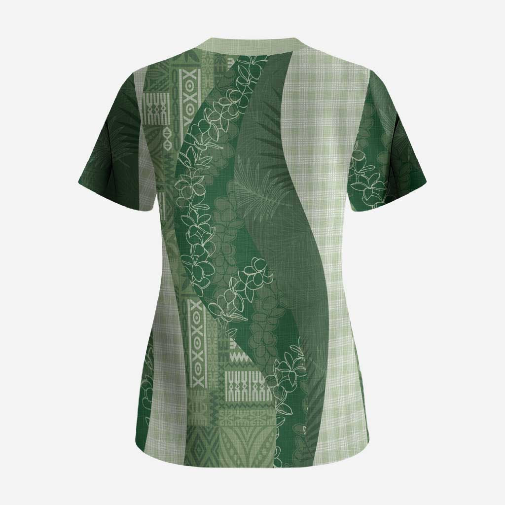 Polynesian Tribal Pattern Patchwork Picturesque Scrub Top Sage Green LT7 - Polynesian Pride