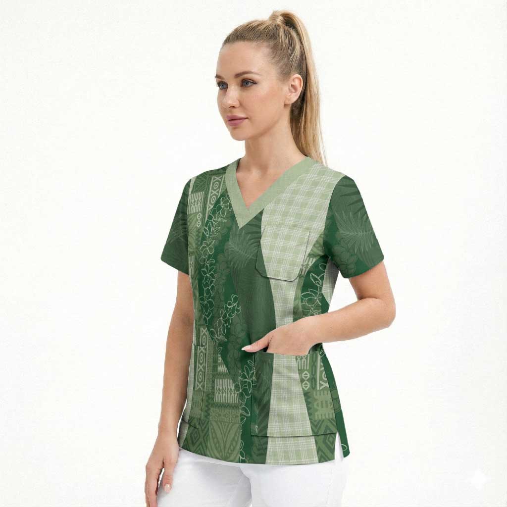 Polynesian Tribal Pattern Patchwork Picturesque Scrub Top Sage Green LT7 - Polynesian Pride