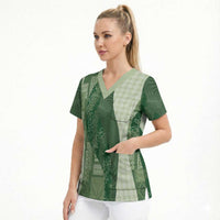 Polynesian Tribal Pattern Patchwork Picturesque Scrub Top Sage Green LT7 - Polynesian Pride