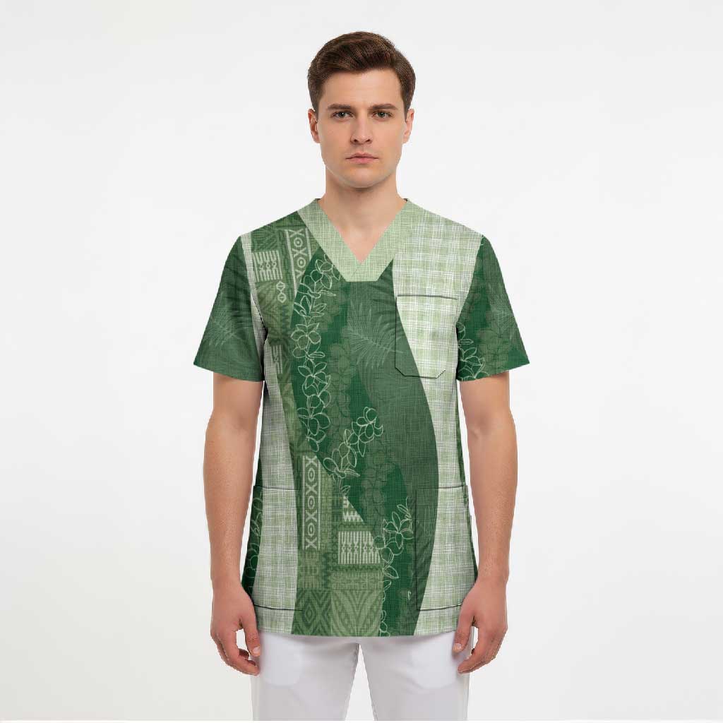 Polynesian Tribal Pattern Patchwork Picturesque Scrub Top Sage Green LT7 - Polynesian Pride