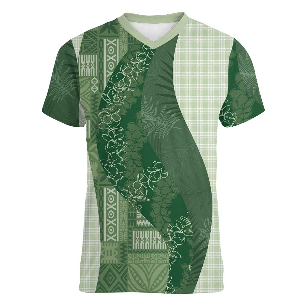Polynesian Tribal Pattern Patchwork Picturesque Women V-Neck T-Shirt Sage Green LT7 Female Sage Green - Polynesian Pride