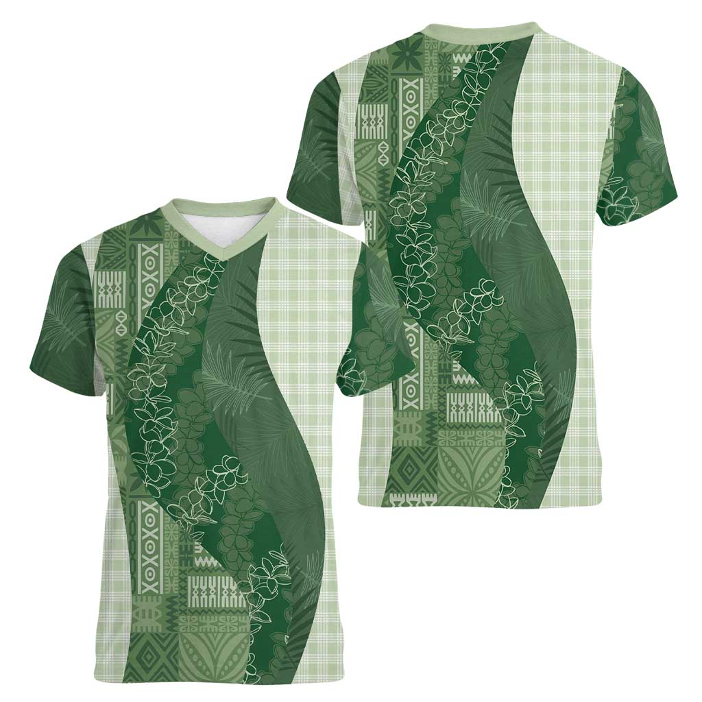 Polynesian Tribal Pattern Patchwork Picturesque Women V-Neck T-Shirt Sage Green LT7 - Polynesian Pride