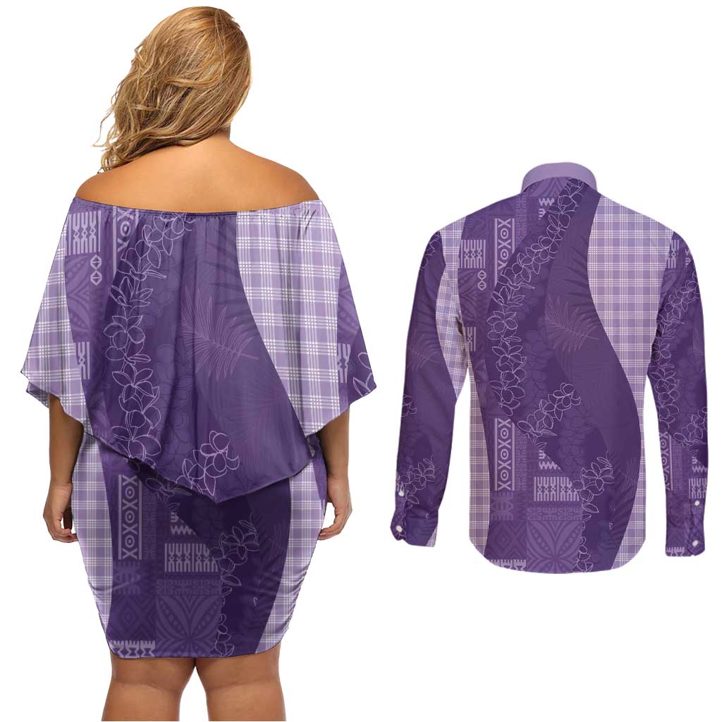 Polynesian Tribal Pattern Patchwork Picturesque Couples Matching Off Shoulder Short Dress and Long Sleeve Button Shirt Deep Violet LT7 - Polynesian Pride