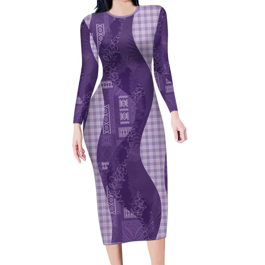 Polynesian Tribal Pattern Patchwork Picturesque Family Matching Long Sleeve Bodycon Dress and Hawaiian Shirt Deep Violet LT7 Mom's Dress Violet - Polynesian Pride