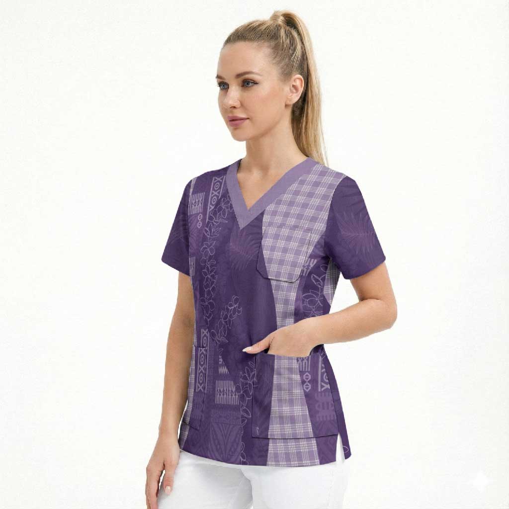Polynesian Tribal Pattern Patchwork Picturesque Scrub Top Deep Violet LT7 - Polynesian Pride