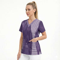 Polynesian Tribal Pattern Patchwork Picturesque Scrub Top Deep Violet LT7 - Polynesian Pride