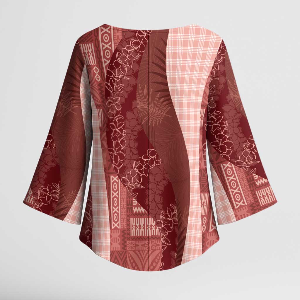 Polynesian Tribal Pattern Patchwork Picturesque Kimono Sleeve Blouse Crimson LT7 - Polynesian Pride