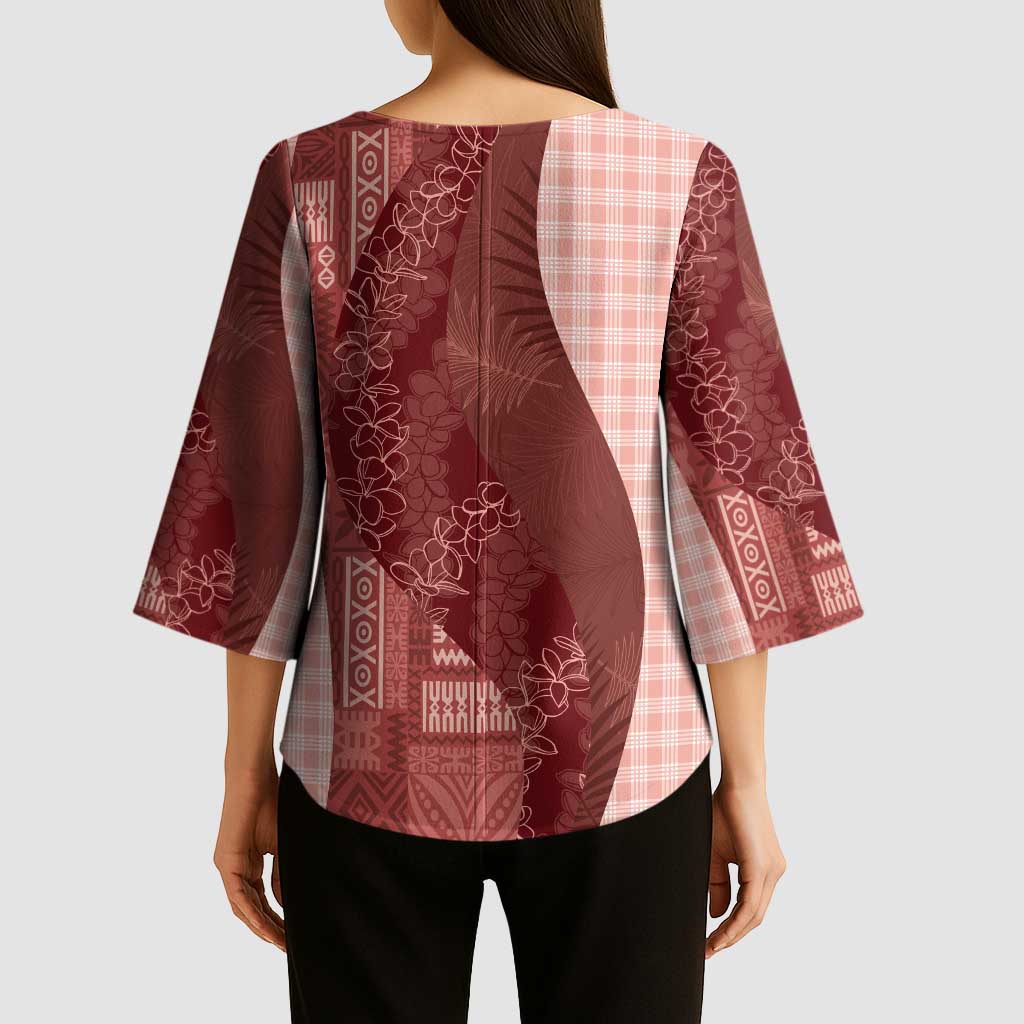 Polynesian Tribal Pattern Patchwork Picturesque Kimono Sleeve Blouse Crimson LT7 - Polynesian Pride