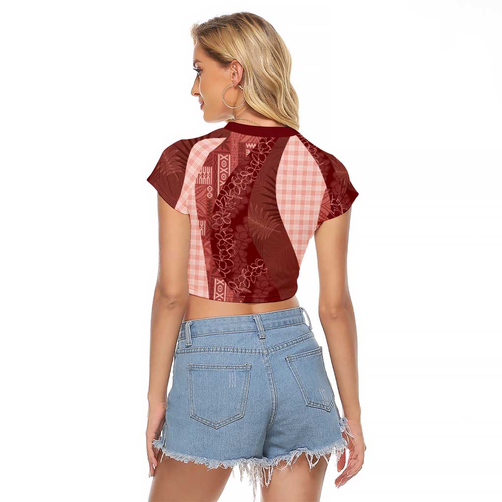 Polynesian Tribal Pattern Patchwork Picturesque Raglan Cropped T Shirt Crimson LT7 - Polynesian Pride