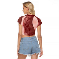 Polynesian Tribal Pattern Patchwork Picturesque Raglan Cropped T Shirt Crimson LT7 - Polynesian Pride