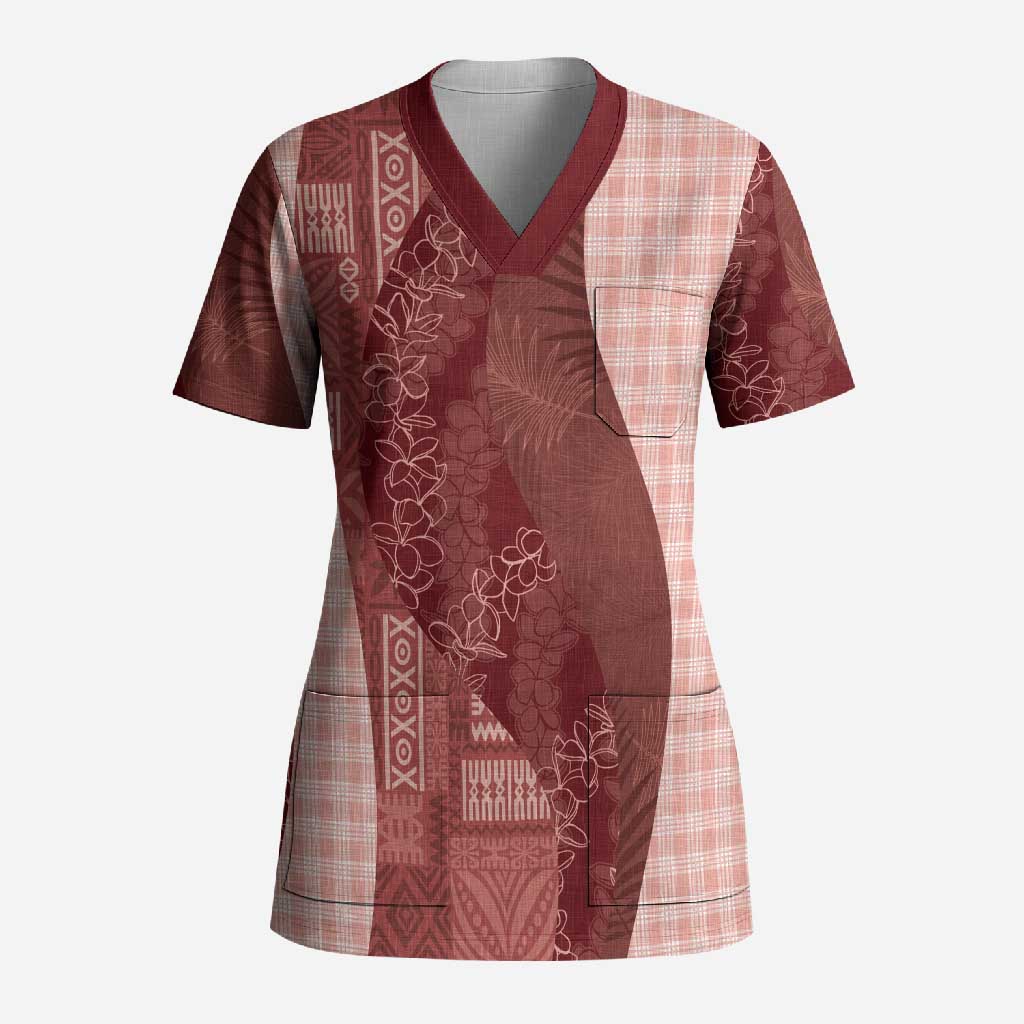 Polynesian Tribal Pattern Patchwork Picturesque Scrub Top Crimson LT7 Adult Crimson - Polynesian Pride