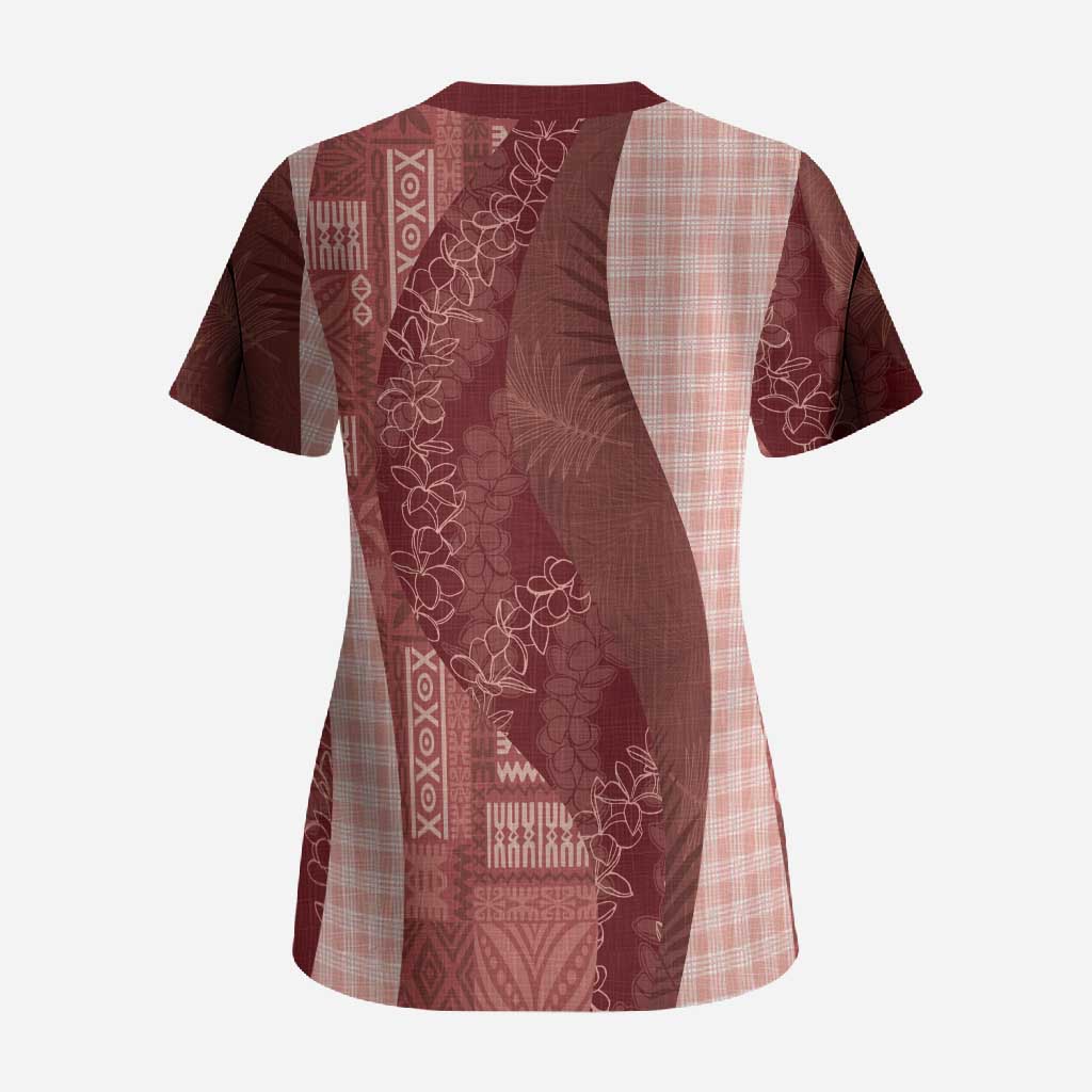 Polynesian Tribal Pattern Patchwork Picturesque Scrub Top Crimson LT7 - Polynesian Pride