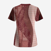 Polynesian Tribal Pattern Patchwork Picturesque Scrub Top Crimson LT7 - Polynesian Pride
