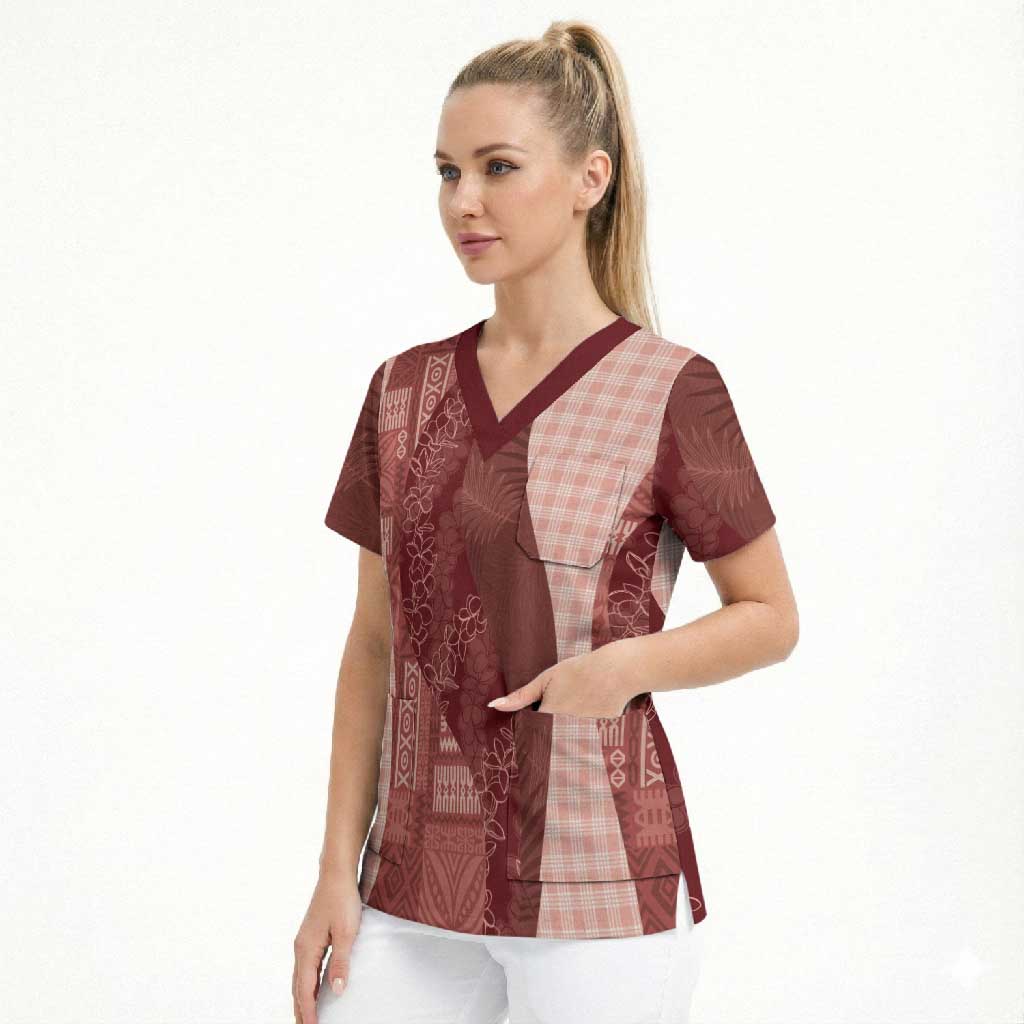 Polynesian Tribal Pattern Patchwork Picturesque Scrub Top Crimson LT7 - Polynesian Pride