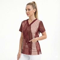 Polynesian Tribal Pattern Patchwork Picturesque Scrub Top Crimson LT7 - Polynesian Pride