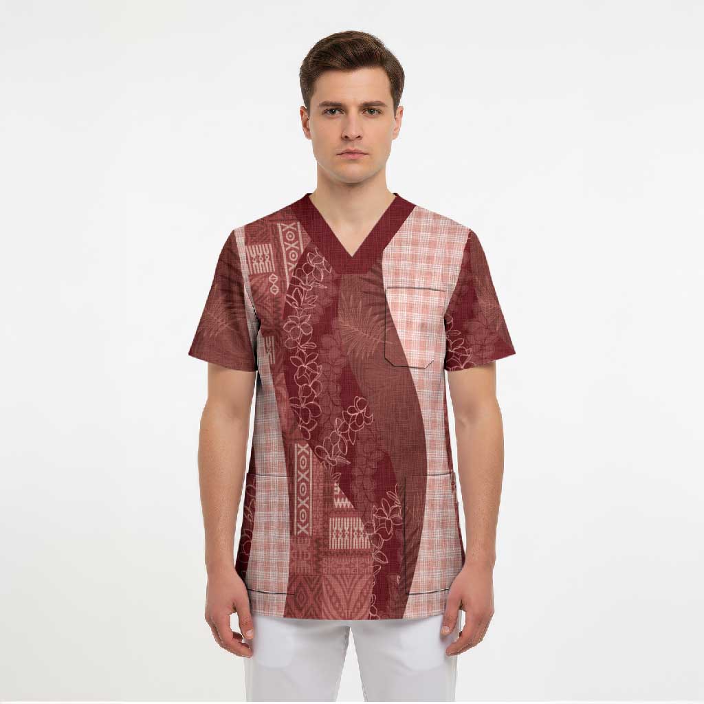 Polynesian Tribal Pattern Patchwork Picturesque Scrub Top Crimson LT7 - Polynesian Pride
