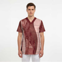 Polynesian Tribal Pattern Patchwork Picturesque Scrub Top Crimson LT7 - Polynesian Pride