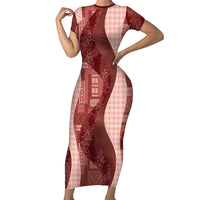 Polynesian Tribal Pattern Patchwork Picturesque Short Sleeve Bodycon Dress Crimson LT7 Long Dress Crimson - Polynesian Pride