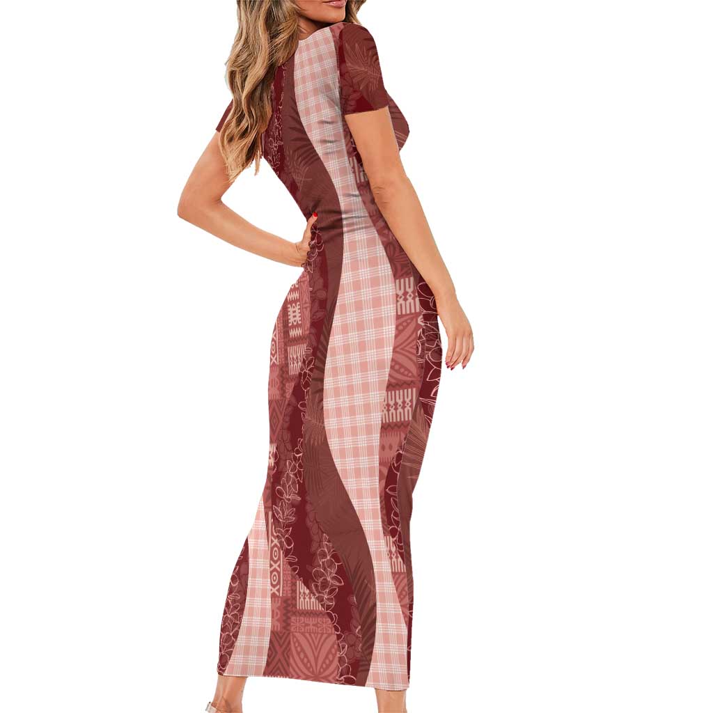Polynesian Tribal Pattern Patchwork Picturesque Short Sleeve Bodycon Dress Crimson LT7 - Polynesian Pride