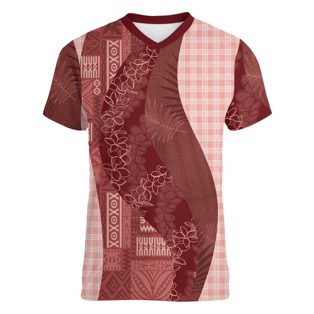 Polynesian Tribal Pattern Patchwork Picturesque Women V-Neck T-Shirt Crimson LT7 Female Crimson - Polynesian Pride