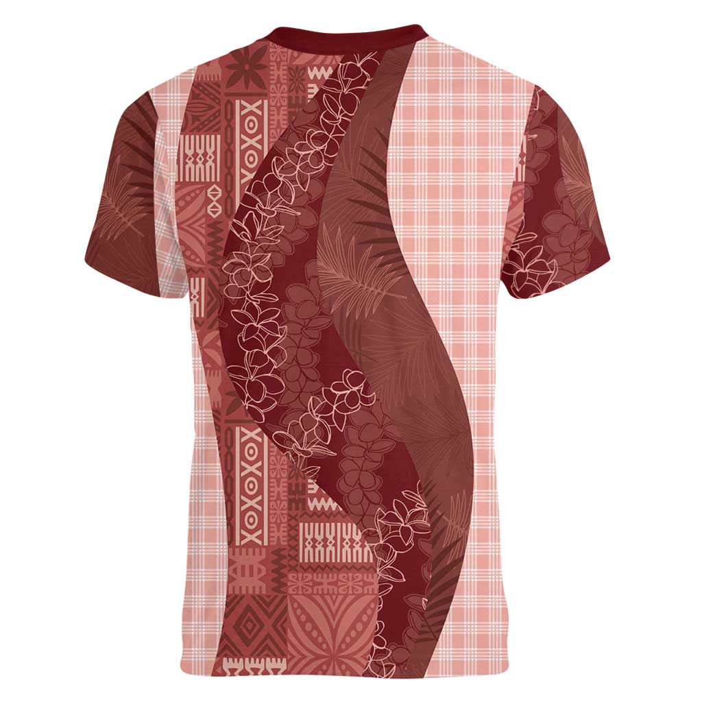 Polynesian Tribal Pattern Patchwork Picturesque Women V-Neck T-Shirt Crimson LT7 - Polynesian Pride