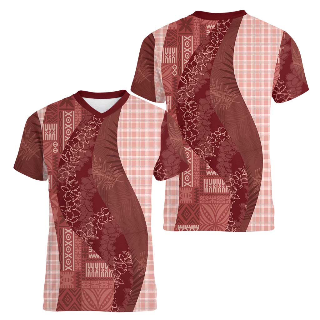 Polynesian Tribal Pattern Patchwork Picturesque Women V-Neck T-Shirt Crimson LT7 - Polynesian Pride