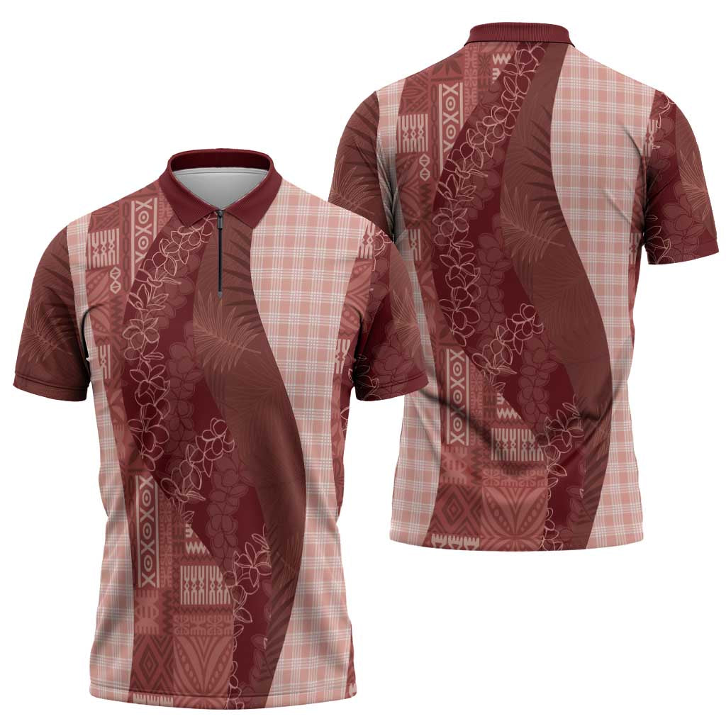 Polynesian Tribal Pattern Patchwork Picturesque Zipper Polo Shirt Crimson LT7 - Polynesian Pride