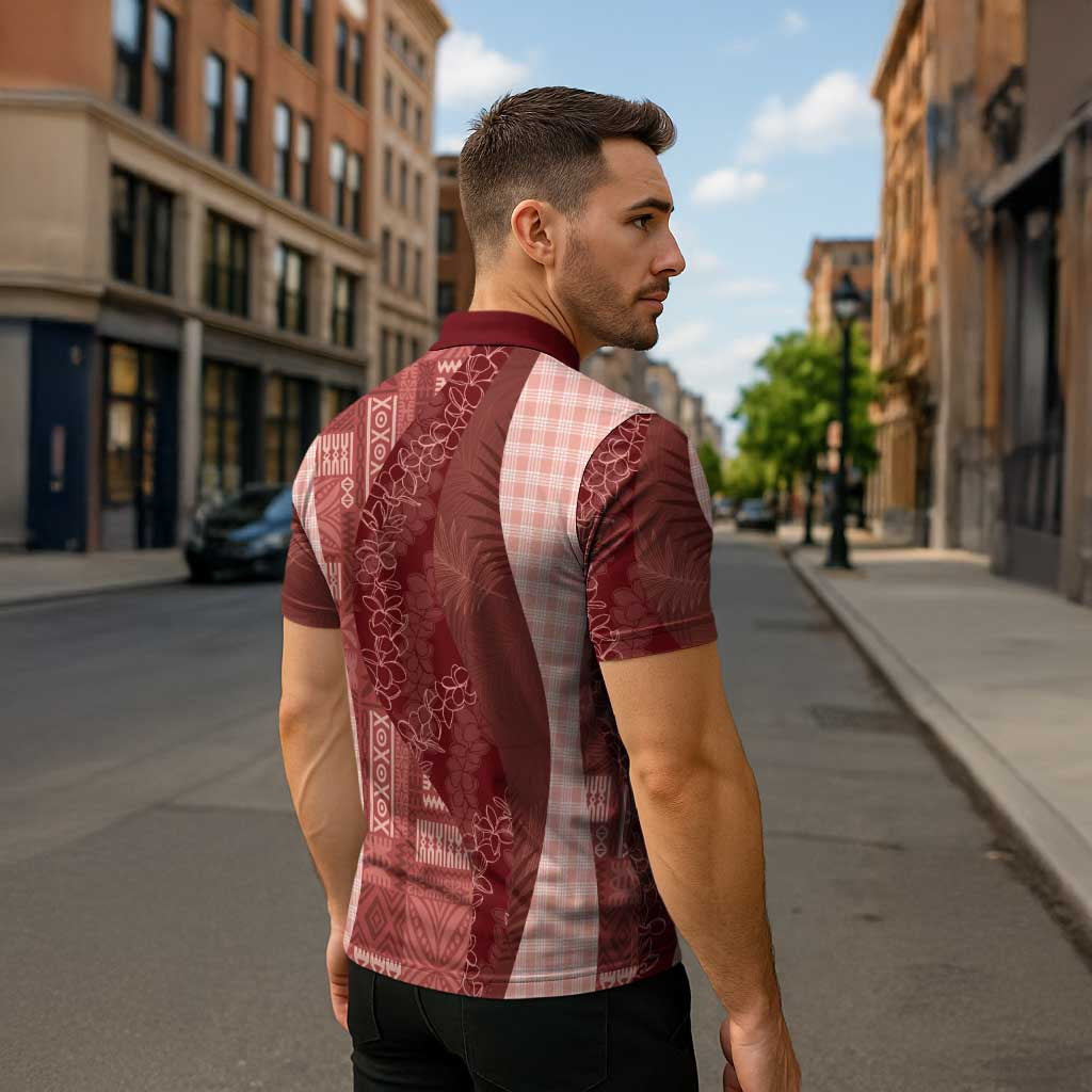 Polynesian Tribal Pattern Patchwork Picturesque Zipper Polo Shirt Crimson LT7 - Polynesian Pride
