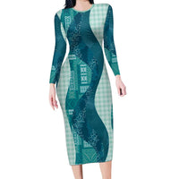 Polynesian Tribal Pattern Patchwork Picturesque Family Matching Long Sleeve Bodycon Dress and Hawaiian Shirt Oceanic LT7 Mom's Dress Blue - Polynesian Pride