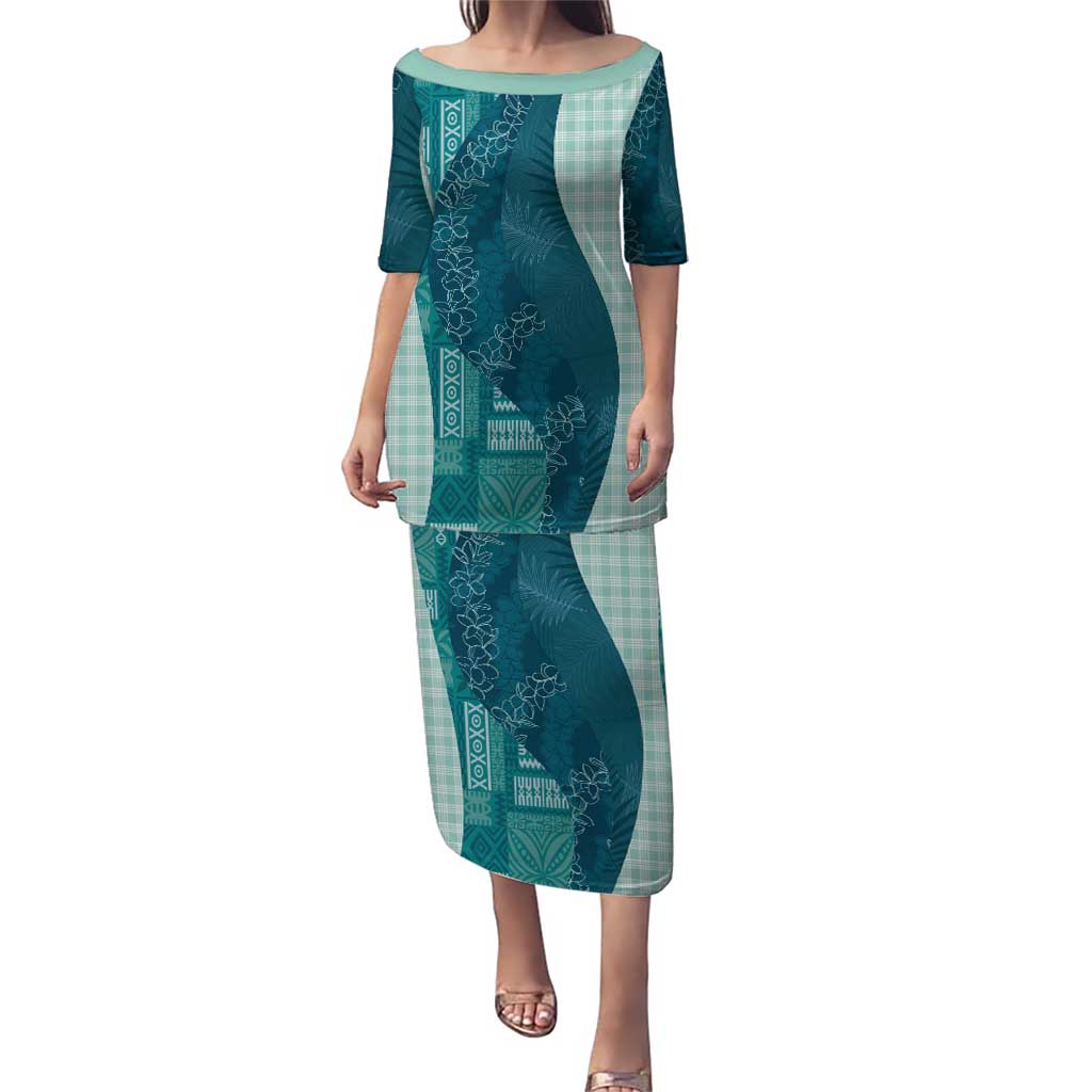 Polynesian Tribal Pattern Patchwork Picturesque Puletasi Oceanic LT7 Long Dress Blue - Polynesian Pride