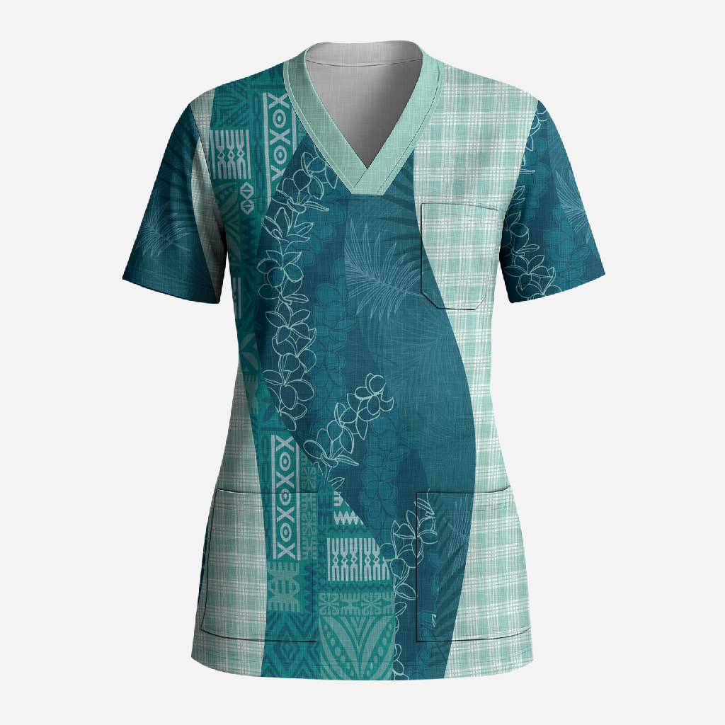 Polynesian Tribal Pattern Patchwork Picturesque Scrub Top Oceanic LT7 Adult Blue - Polynesian Pride
