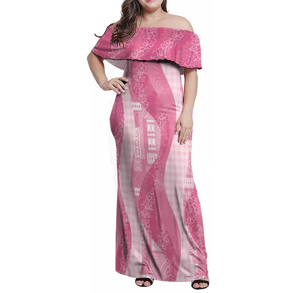 Polynesian Tribal Pattern Patchwork Picturesque Family Matching Off Shoulder Maxi Dress and Hawaiian Shirt Rose Pink LT7 Mom's Dress Rose Pink - Polynesian Pride