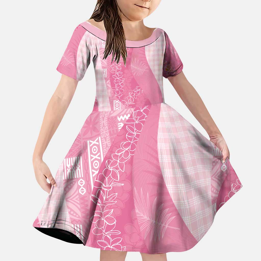 Polynesian Tribal Pattern Patchwork Picturesque Family Matching Off Shoulder Short Dress and Hawaiian Shirt Rose Pink LT7 Daughter's Dress Rose Pink - Polynesian Pride