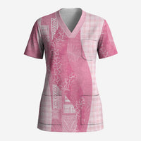 Polynesian Tribal Pattern Patchwork Picturesque Scrub Top Rose Pink LT7 Adult Rose Pink - Polynesian Pride