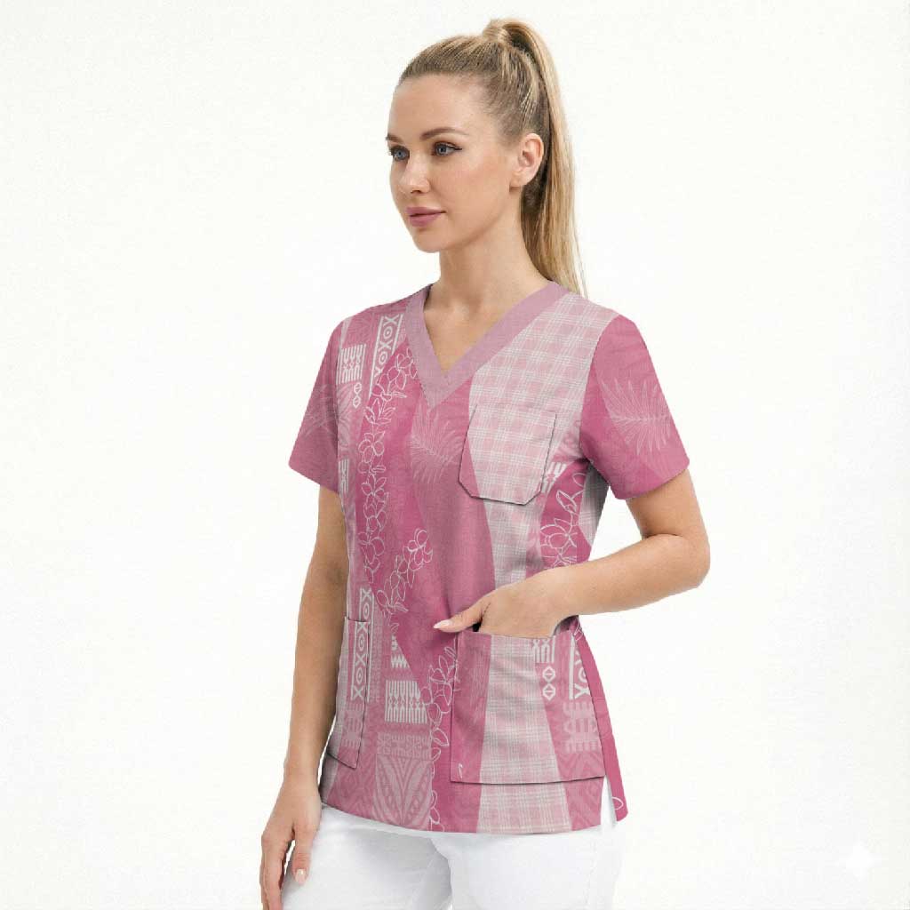 Polynesian Tribal Pattern Patchwork Picturesque Scrub Top Rose Pink LT7 - Polynesian Pride