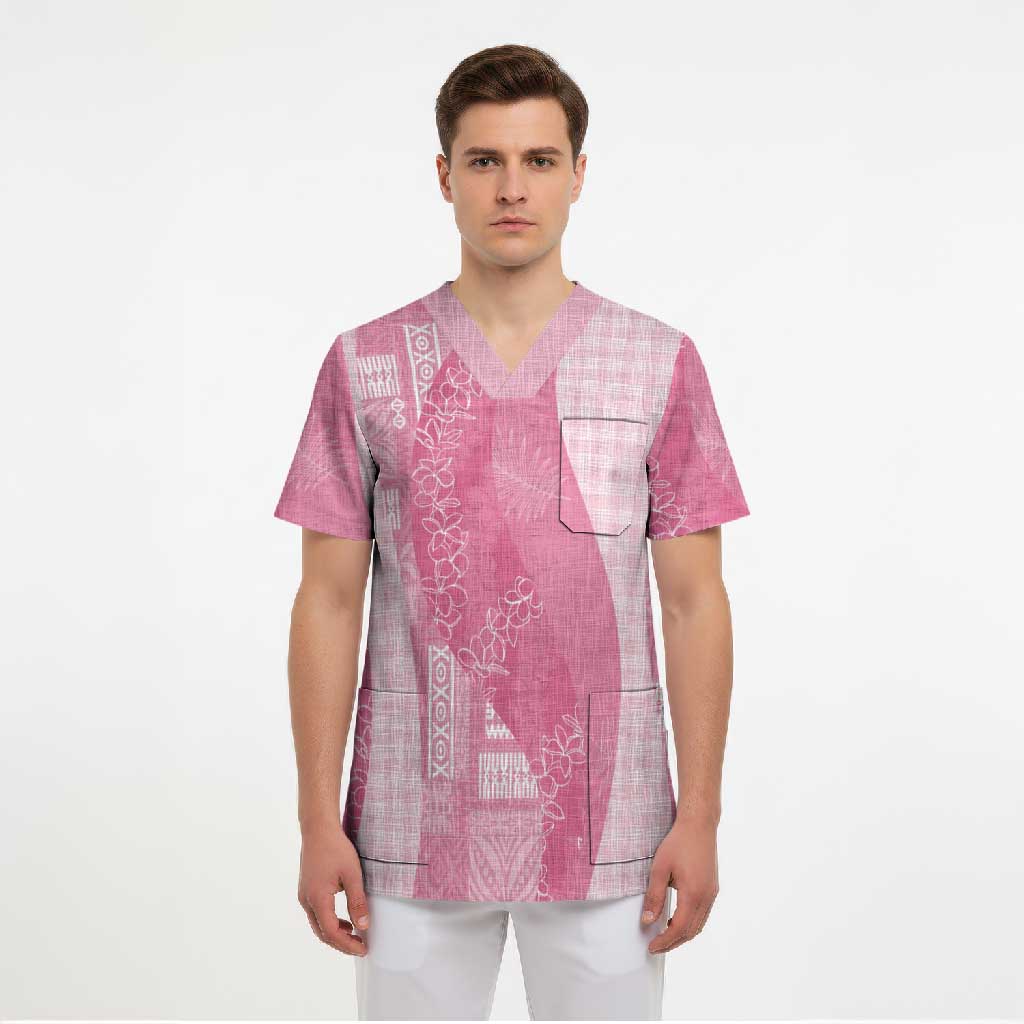 Polynesian Tribal Pattern Patchwork Picturesque Scrub Top Rose Pink LT7 - Polynesian Pride