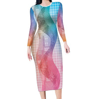 Polynesian Tribal Pattern Patchwork Picturesque Family Matching Long Sleeve Bodycon Dress and Hawaiian Shirt Holographic LT7 Mom's Dress Holographic - Polynesian Pride