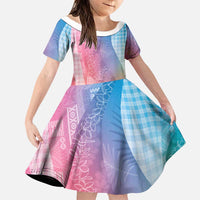 Polynesian Tribal Pattern Patchwork Picturesque Family Matching Off Shoulder Short Dress and Hawaiian Shirt Holographic LT7 Daughter's Dress Holographic - Polynesian Pride